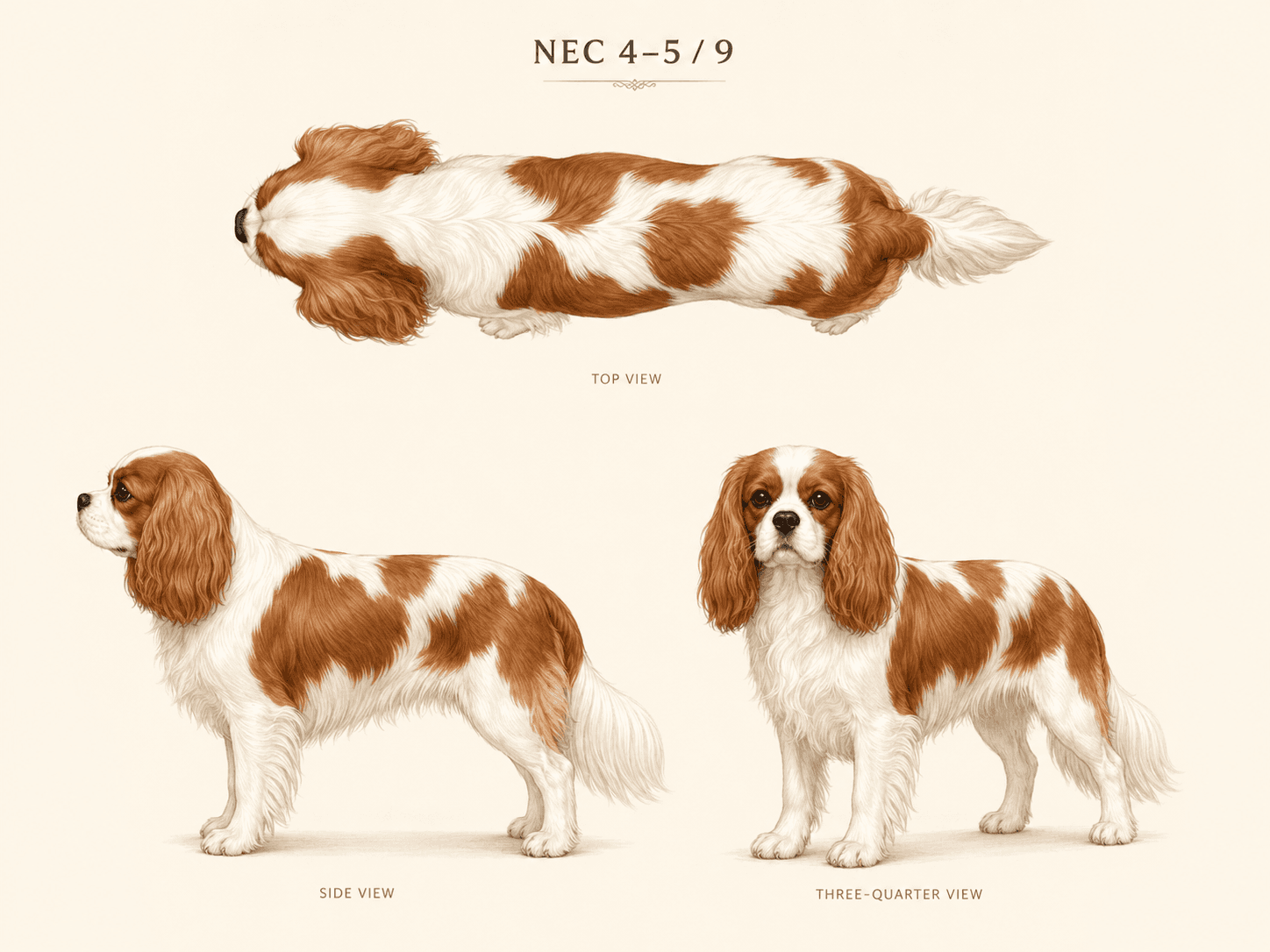 Cavalier King Charles, planche NEC 4–5/9 : vue du dessus, profil et vue de trois quarts