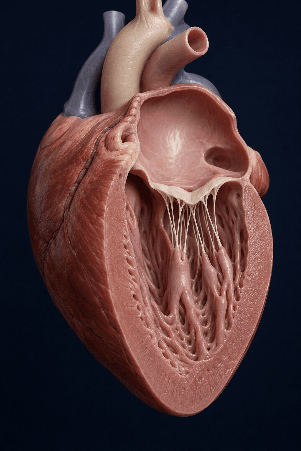 Modèle 3D pédagogique d’un cœur canin montrant la localisation de la valve mitrale entre l’oreillette gauche et le ventricule gauche