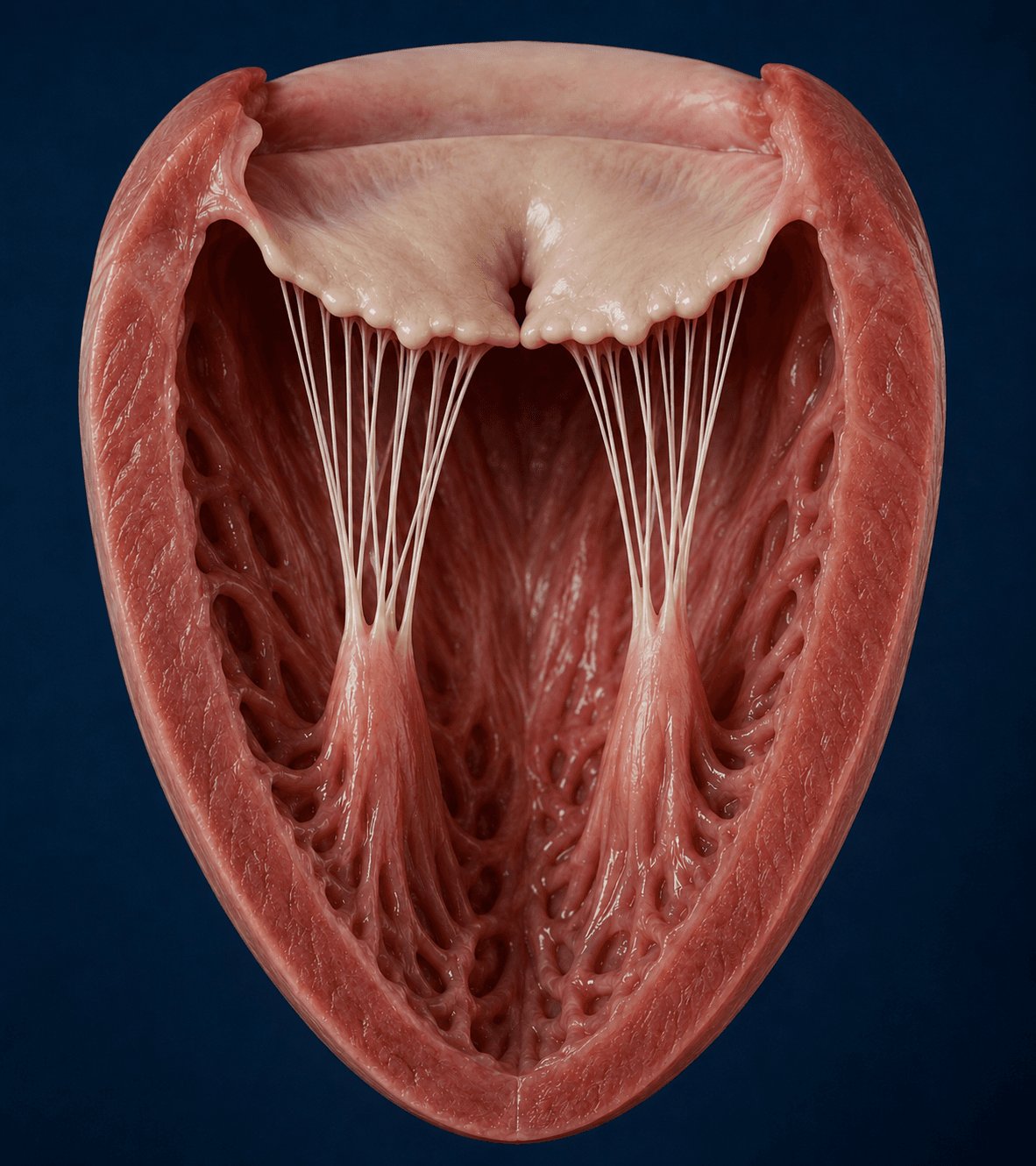 Modèle 3D pédagogique d’une valve mitrale canine présentant une dégénérescence myxomateuse modérée avec épaississement des feuillets et coaptation incomplète