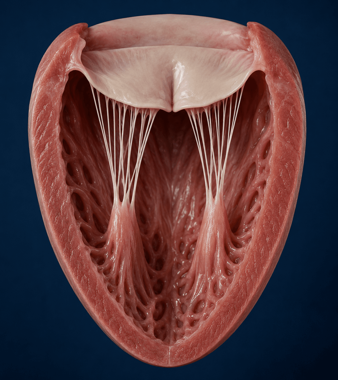 Modèle 3D pédagogique d’une valve mitrale canine normale avec feuillets, cordages tendineux et muscles papillaires