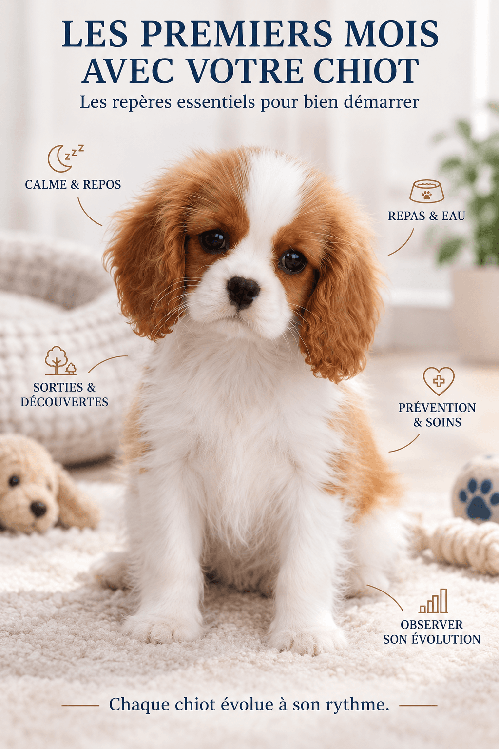 Synthèse des principaux repères des premiers mois avec un chiot : arrivée, repas, sorties, socialisation, soins, vaccination, vermifugation et suivi