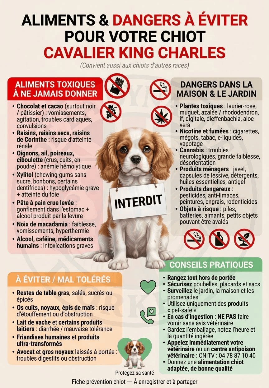 Infographie sur les aliments toxiques, les dangers domestiques et les gestes de prévention pour un chiot