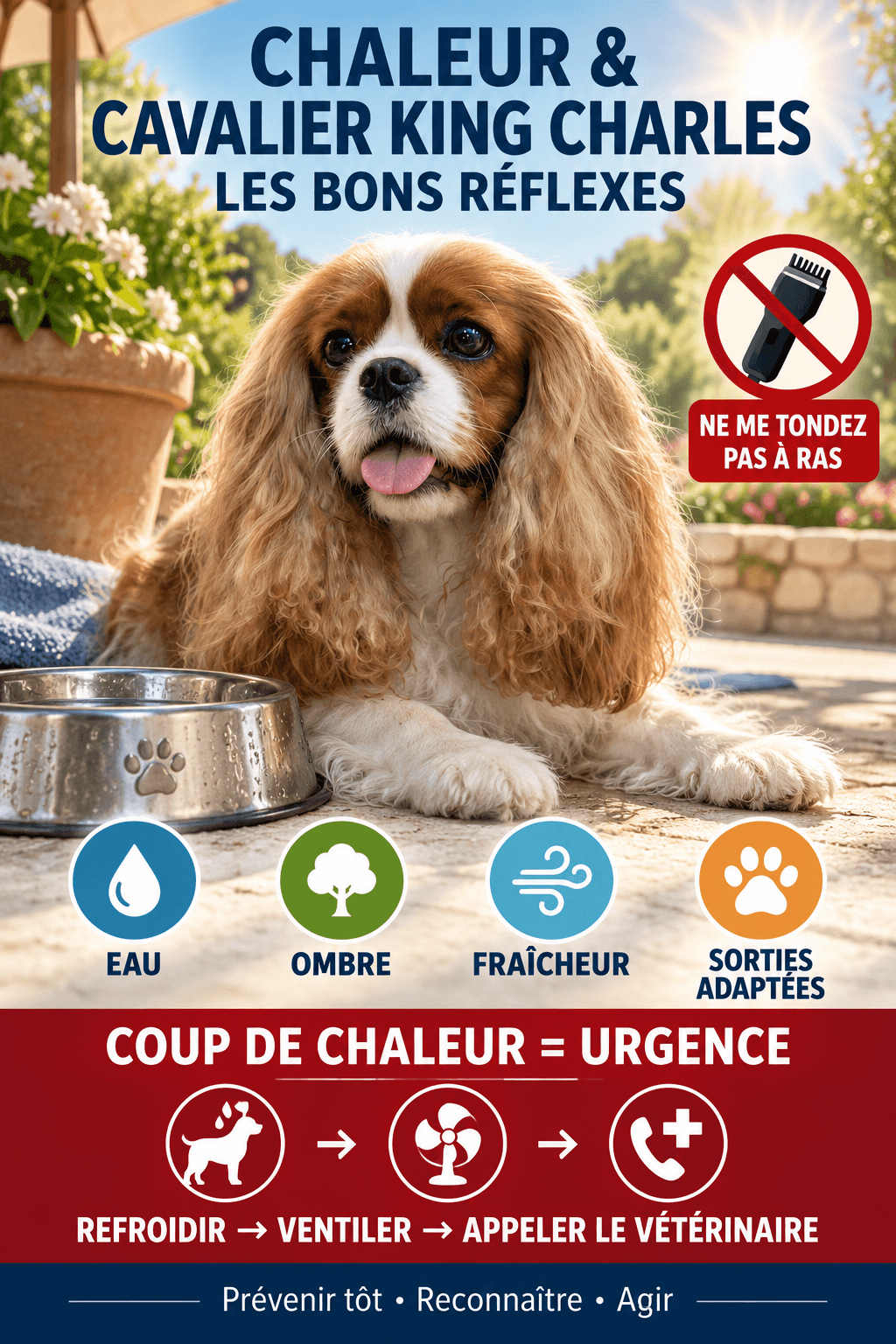 Infographie Chaleur et Cavalier King Charles rappelant l’eau, l’ombre, la fraîcheur, les sorties adaptées et les premiers réflexes en cas de coup de chaleur