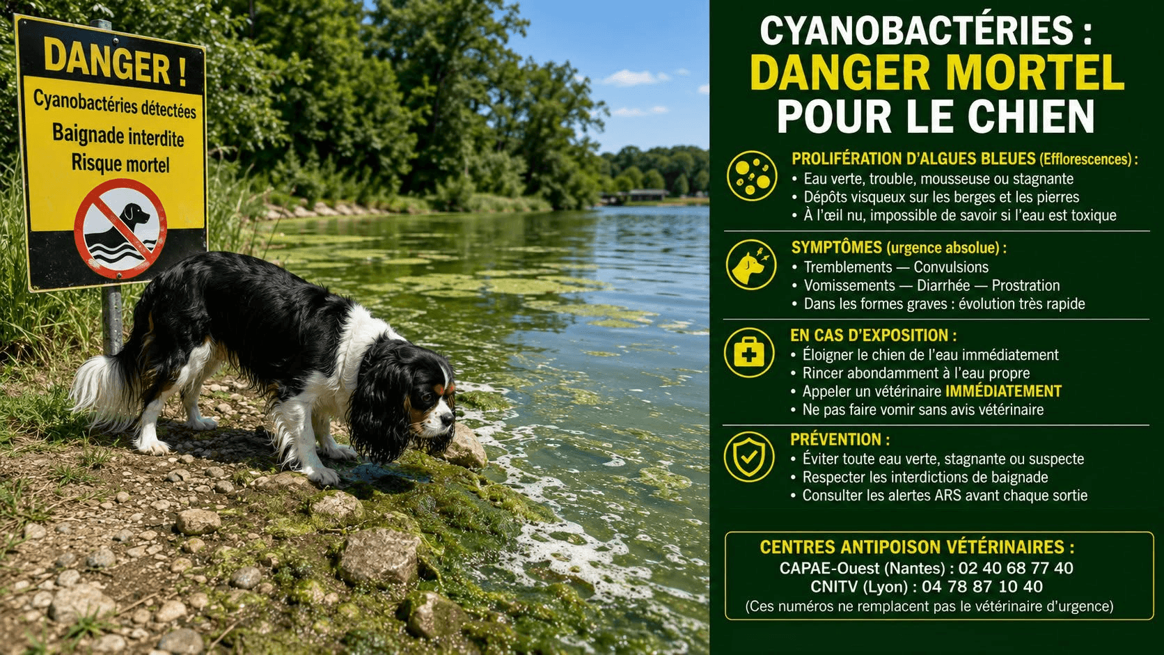 Infographie de prévention sur le risque des cyanobactéries pour le chien près des points d’eau