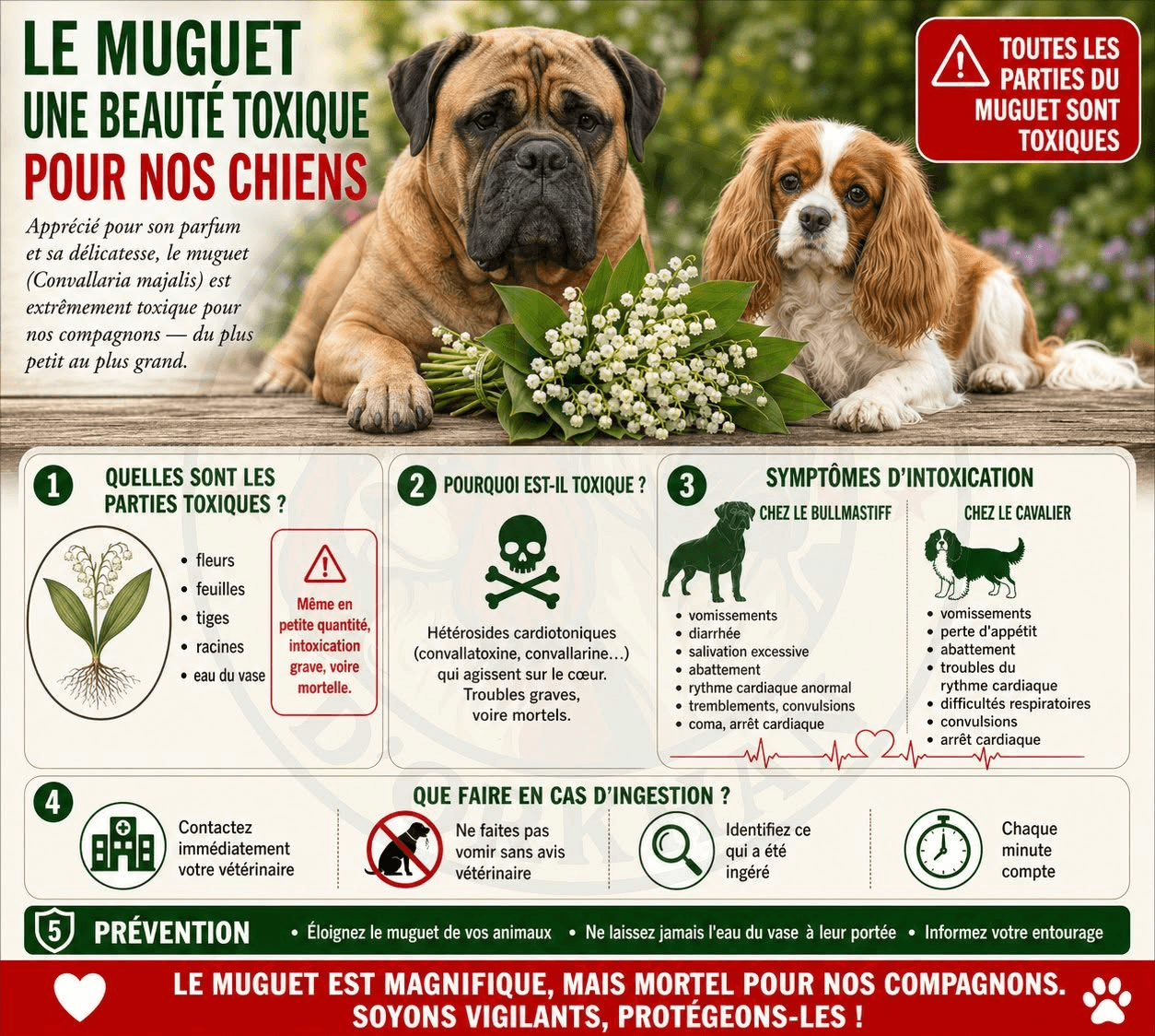 Infographie rappelant la toxicité de toutes les parties du muguet et de l’eau du vase pour le chien