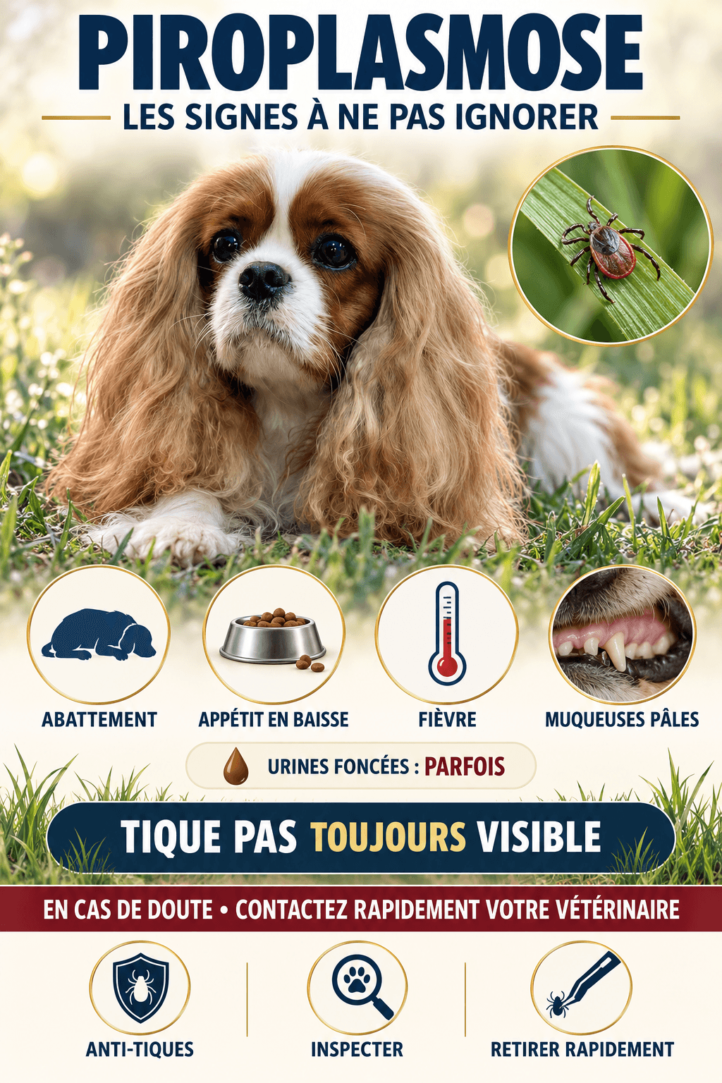 Infographie sur la piroplasmose rappelant les signes à surveiller, l’absence possible de tique visible et les principaux gestes de prévention
