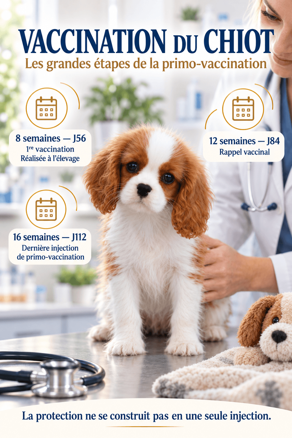 Étapes de la primo-vaccination du chiot à 8, 12 et 16 semaines, avec repère particulier pour un départ à l’étranger