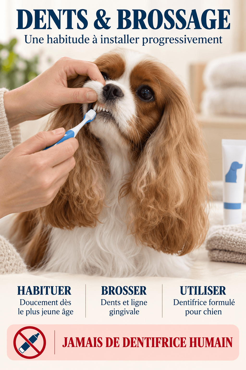 Brossage des dents du chien en 4 étapes, avec dentifrice pour chien