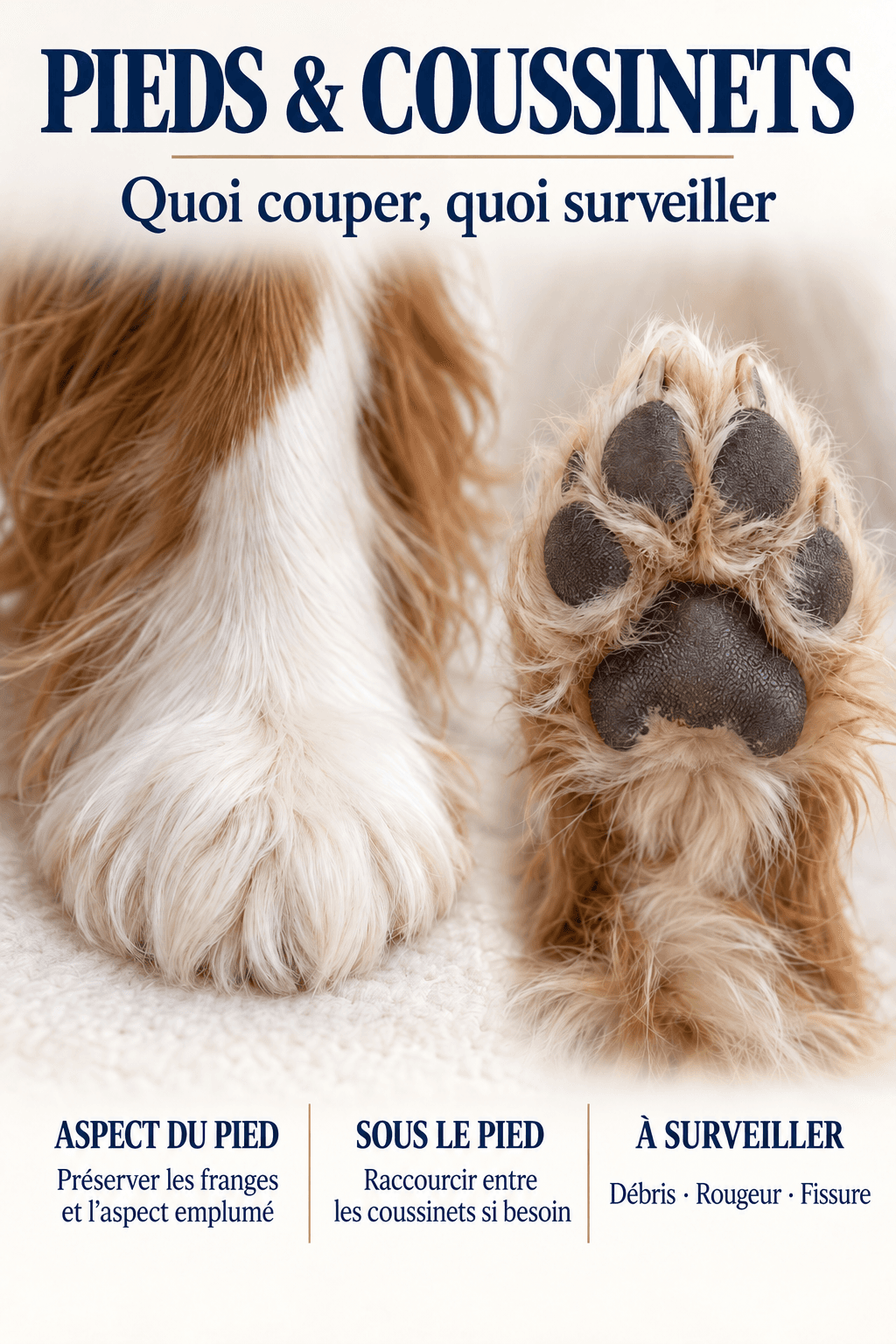 Entretien des pieds et des coussinets du Cavalier King Charles : quoi surveiller et quels poils raccourcir si besoin