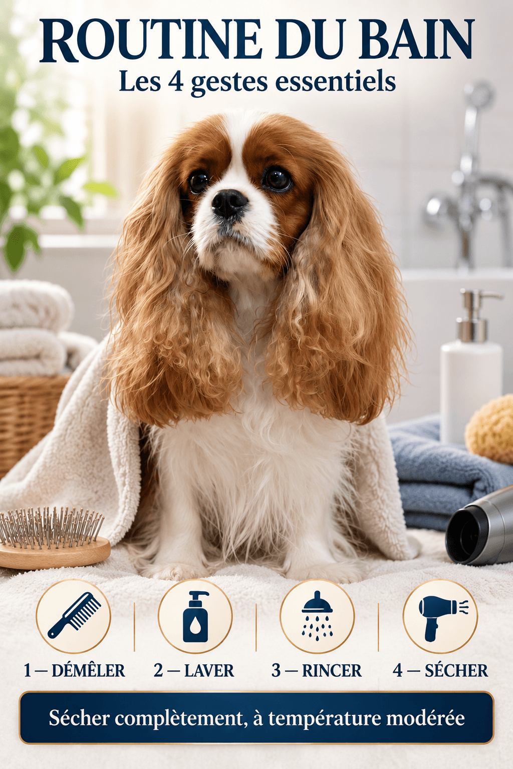 Les 4 étapes d’un bain réussi chez le chien : démêler, laver, rincer, sécher