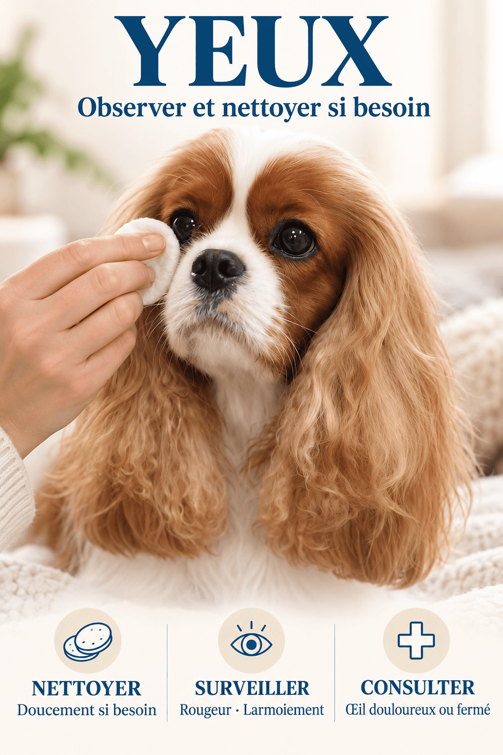 Observation et nettoyage des yeux du Cavalier King Charles