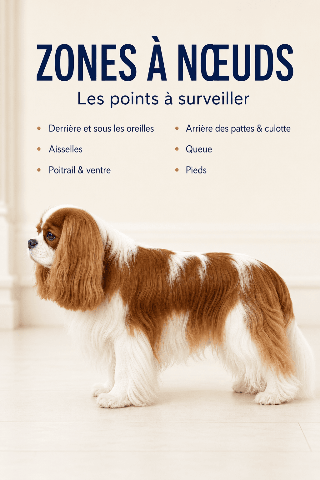 Zones du pelage du Cavalier King Charles particulièrement sujettes aux nœuds