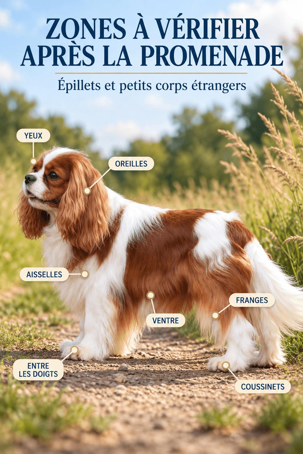 Zones du chien à vérifier après la promenade pour repérer épillets et petits corps étrangers
